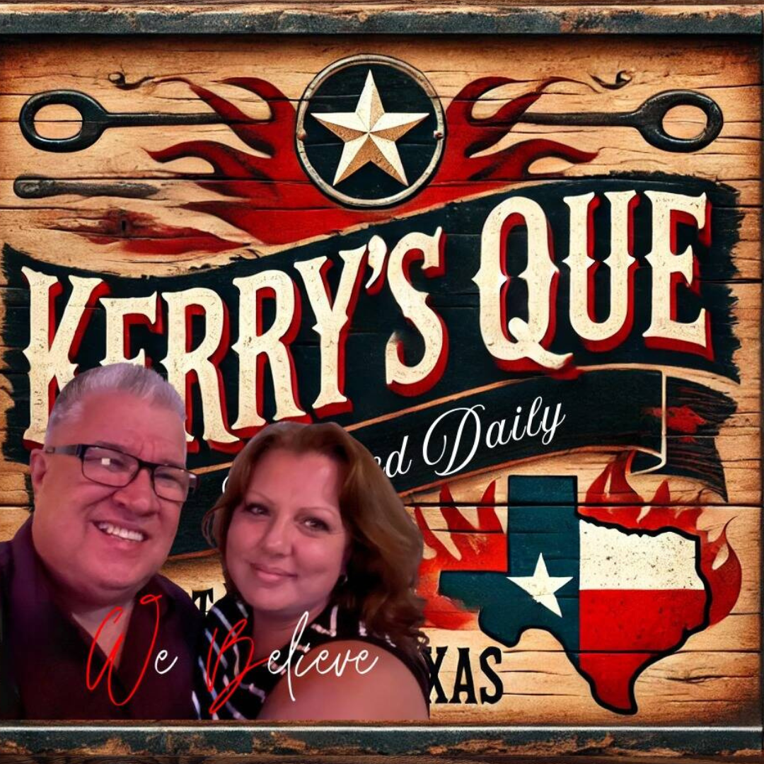 Kerry and Jessica from Kerry’s Que with Texas BBQ sign – family-owned BBQ catering in Kaufman County, Texas